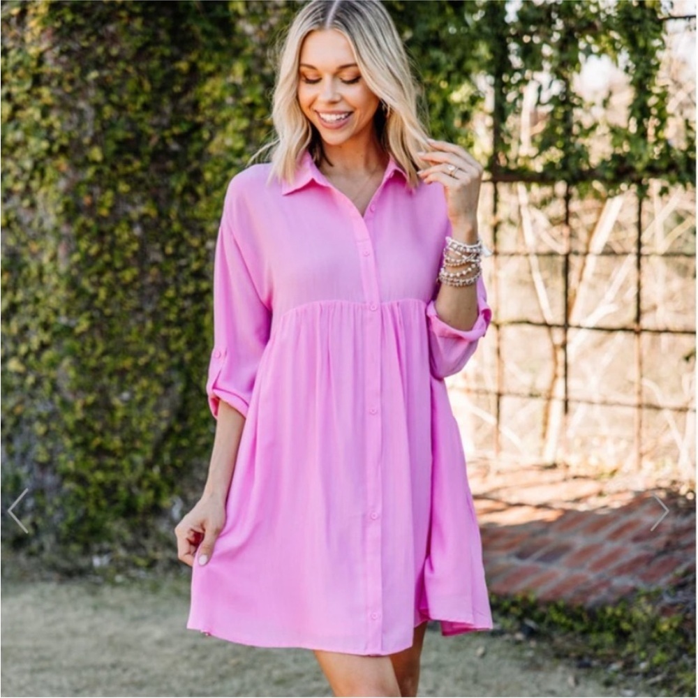 Entro Womens Barbie Pink Baby Doll Long Sleeve Button Up Dress Size Large - Picture 1 of 11